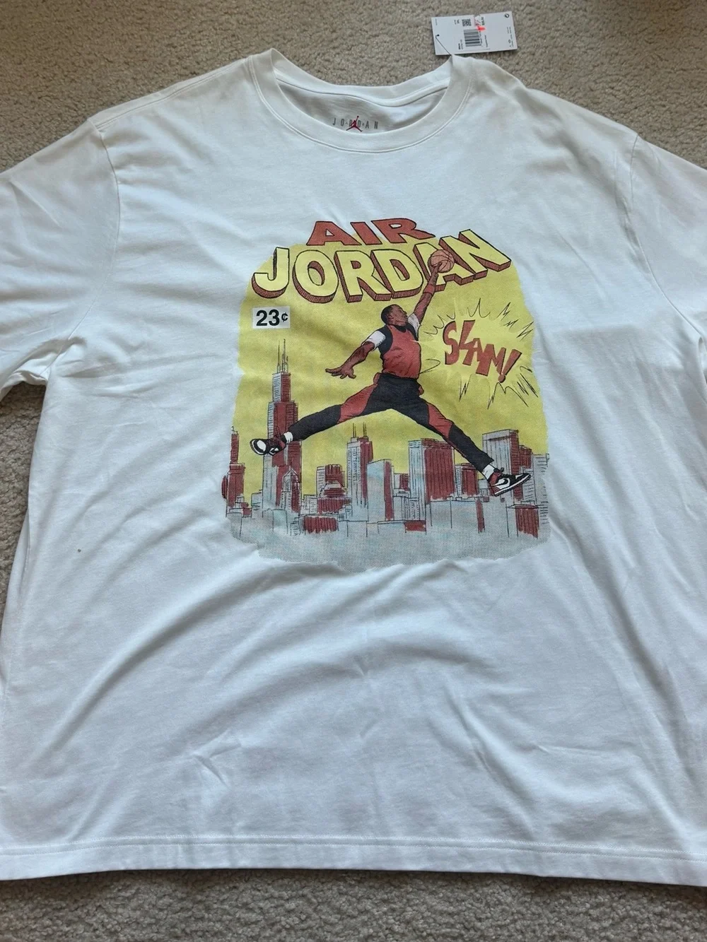 Jordan White Graphic Air Jordan Comic Tee with Yellow and Red Print